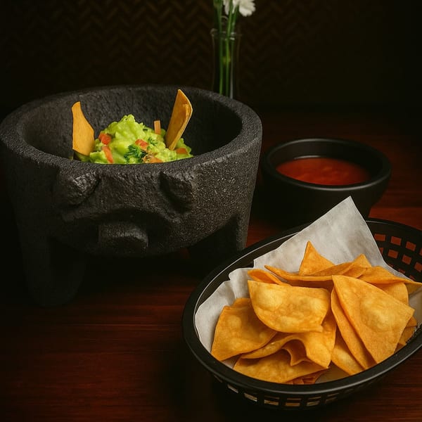 Friducha's guacamole in a molcajete, with tortilla chips and salsa on a wooden table.