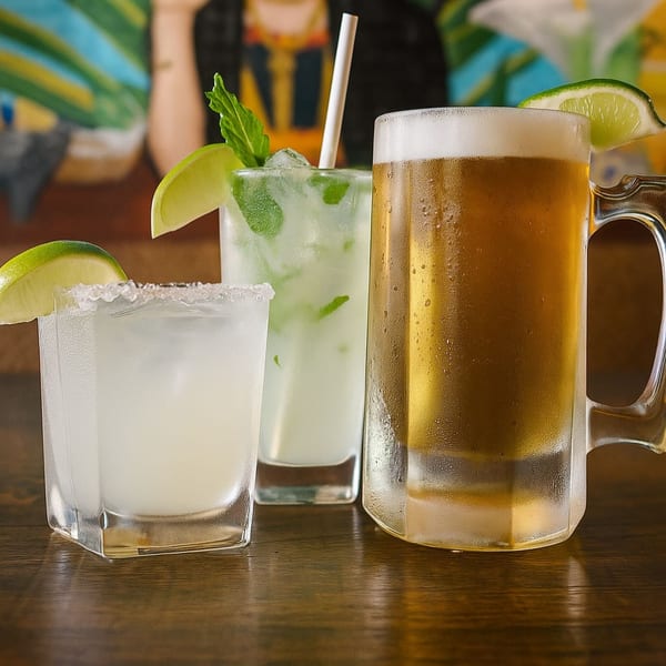 Margarita, mojito, and beer in frosty glasses with lime garnishes on a wooden table.